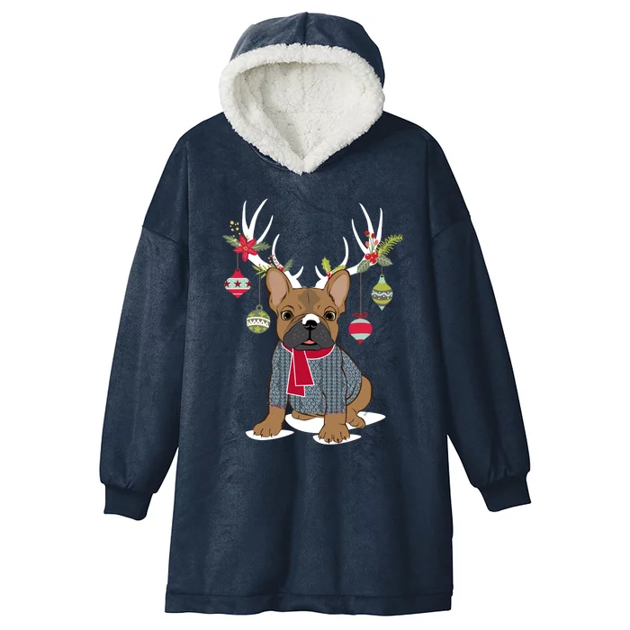 Cute French Bulldog Frenchie Christmas Reindeer Gift Hooded Wearable Blanket