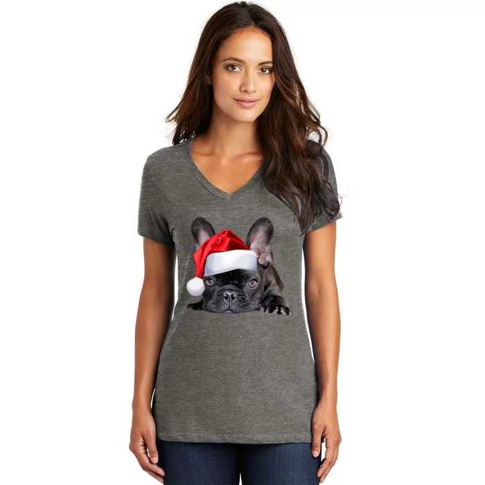 Cute French Bulldog Santa Hat Frenchie Image Christmas Gift Women's V-Neck T-Shirt