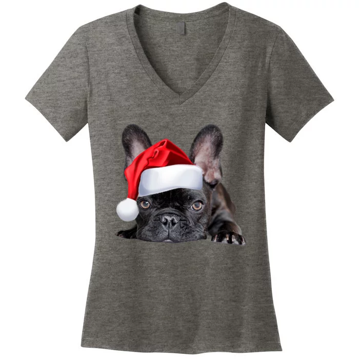 Cute French Bulldog Santa Hat Frenchie Image Christmas Gift Women's V-Neck T-Shirt