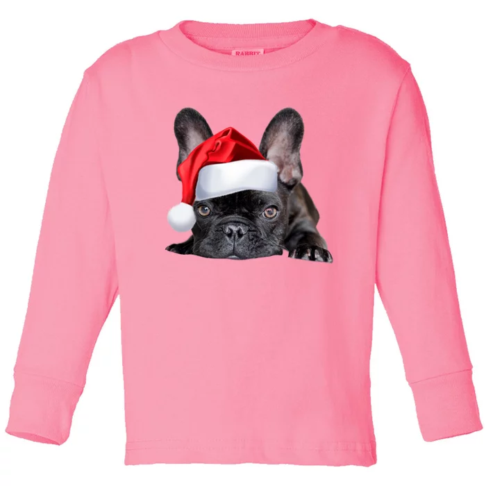 Cute French Bulldog Santa Hat Frenchie Image Christmas Gift Toddler Long Sleeve Shirt