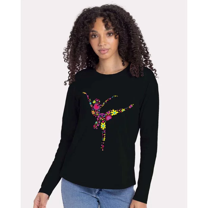 Colorful Flower Ballerina Girl Gift Tee For Ballet Womens Cotton Relaxed Long Sleeve T-Shirt