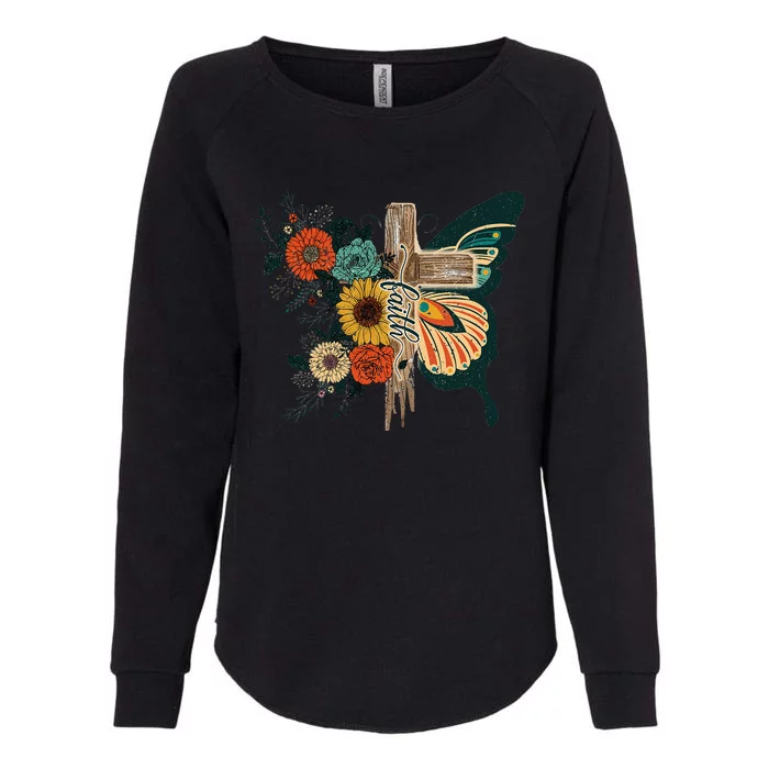 Christian Faith Butterfly Cross Rainbow Sunflowers Womens California Wash Sweatshirt