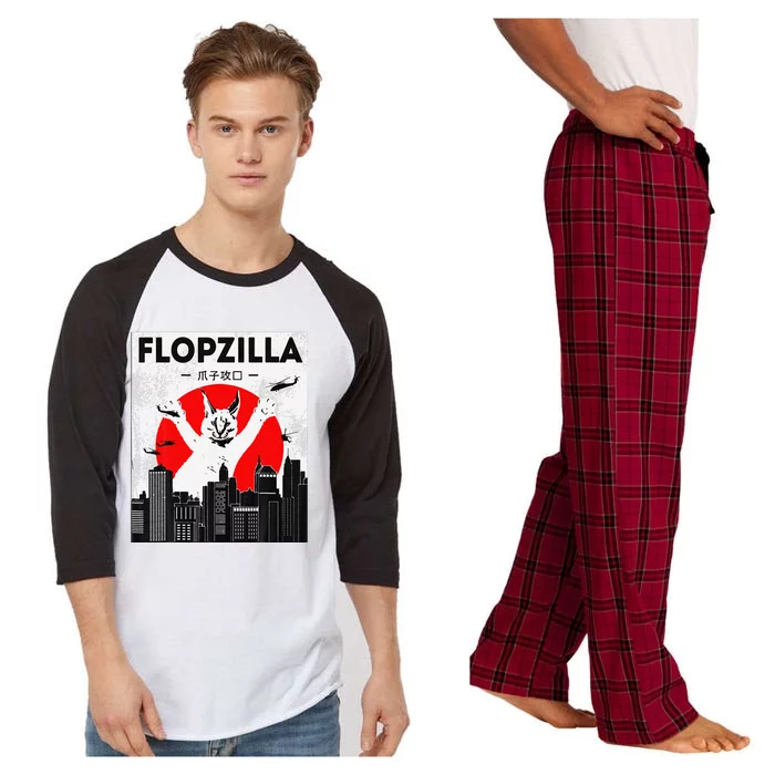 Catzilla Funny Big Floppa Meme Flopzilla Caracal Cat Lover Raglan Sleeve Pajama Set