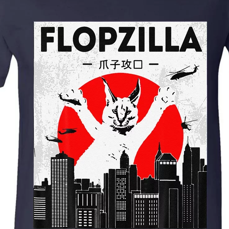 Catzilla Funny Big Floppa Meme Flopzilla Caracal Cat Lover V-Neck T-Shirt