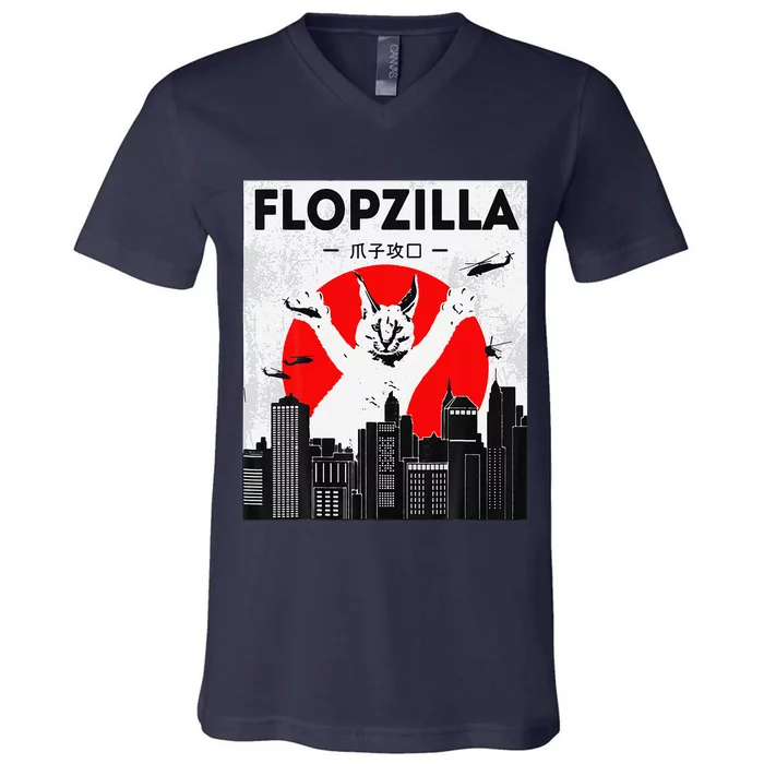 Catzilla Funny Big Floppa Meme Flopzilla Caracal Cat Lover V-Neck T-Shirt