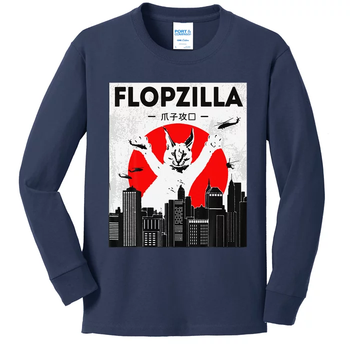 Catzilla Funny Big Floppa Meme Flopzilla Caracal Cat Lover Kids Long Sleeve Shirt