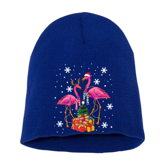 Christmas Flamingos Beach Snowflakes Deck The Palms Gift Short Acrylic Beanie