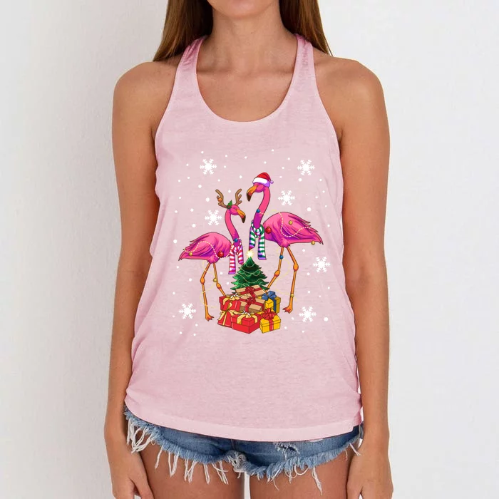 Christmas Flamingos Beach Snowflakes Deck The Palms Gift Women's Knotted Racerback Tank