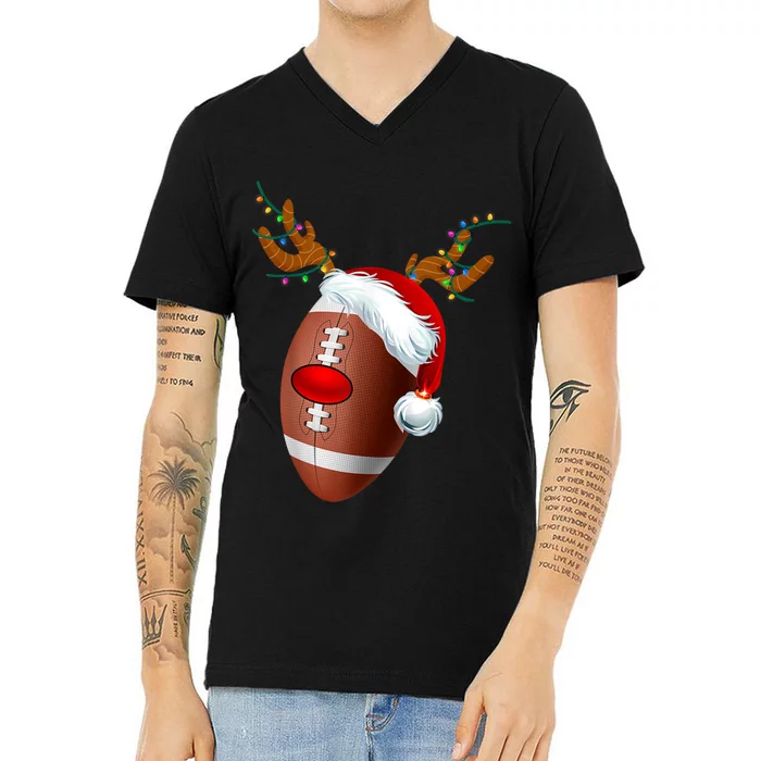 Christmas Football Ball Santa Hat Reindeer Xmas V-Neck T-Shirt