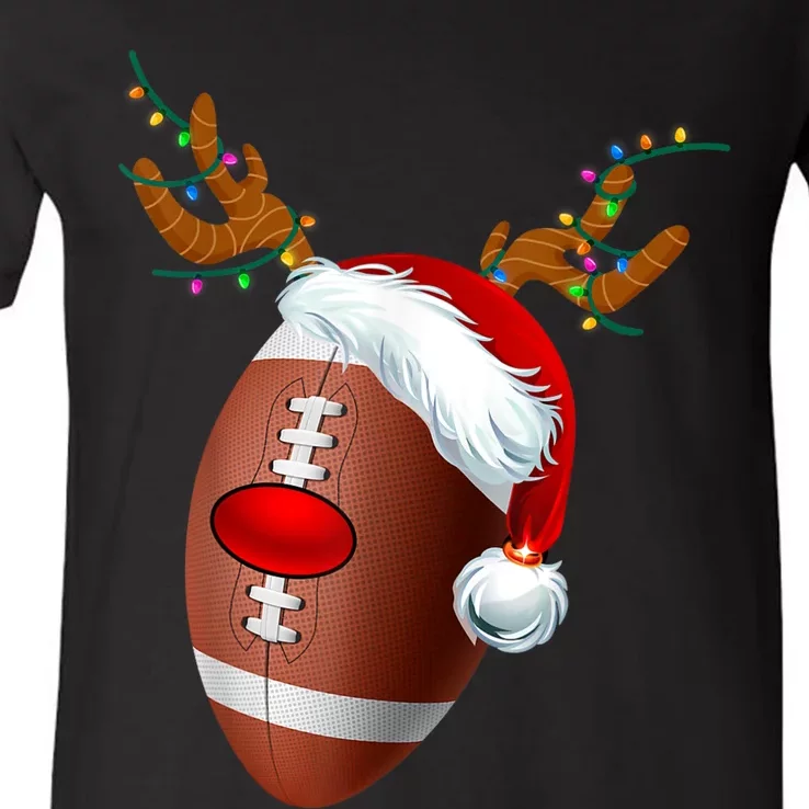 Christmas Football Ball Santa Hat Reindeer Xmas V-Neck T-Shirt