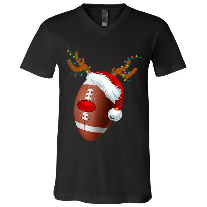 Christmas Football Ball Santa Hat Reindeer Xmas V-Neck T-Shirt