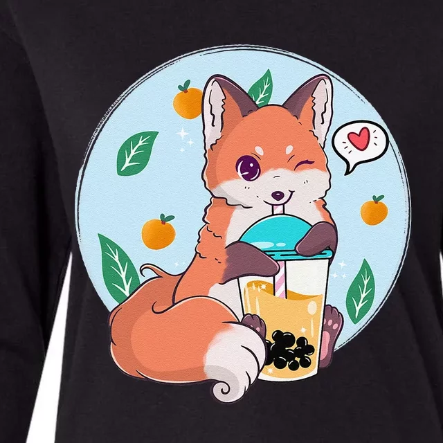 Cute Fox Boba Shirt Bubble Tea Kawaii Anime Womens Cotton Relaxed Long Sleeve T-Shirt