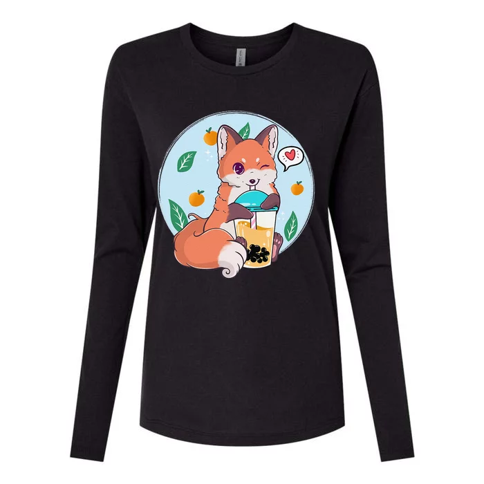 Cute Fox Boba Shirt Bubble Tea Kawaii Anime Womens Cotton Relaxed Long Sleeve T-Shirt