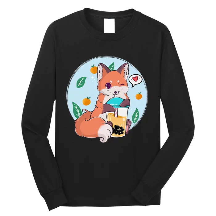 Cute Fox Boba Shirt Bubble Tea Kawaii Anime Long Sleeve Shirt