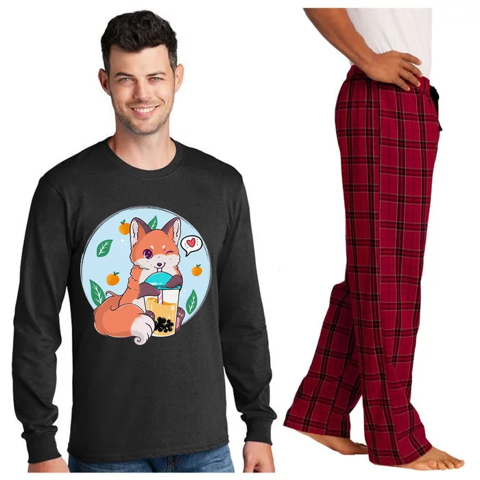 Cute Fox Boba Shirt Bubble Tea Kawaii Anime Long Sleeve Pajama Set