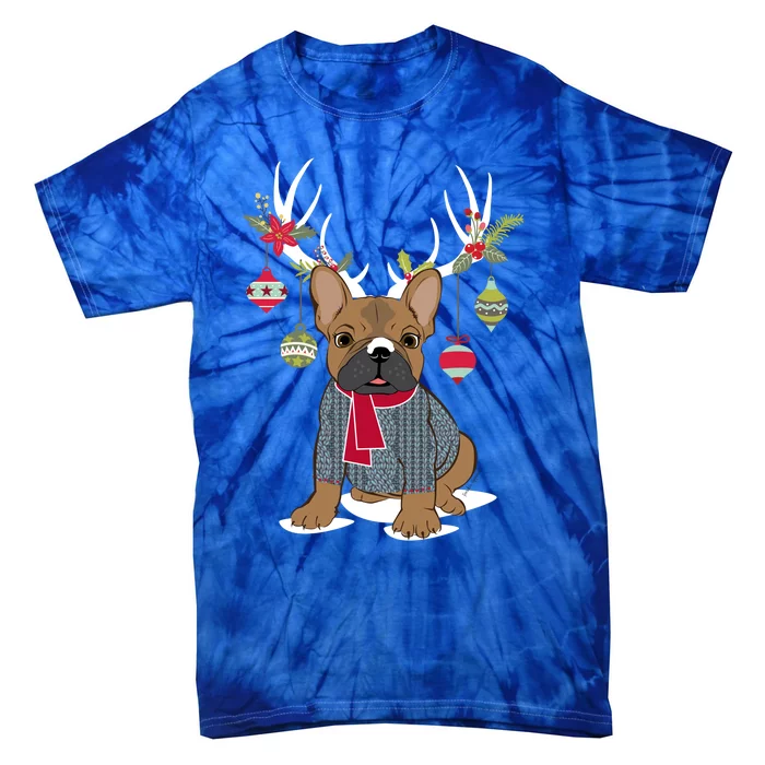 Cute French Bulldog Frenchie Christmas Reindeer Funny Gift Tie-Dye T-Shirt