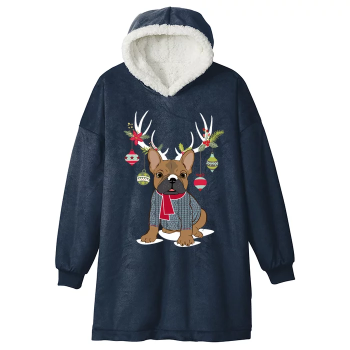 Cute French Bulldog Frenchie Christmas Reindeer Funny Gift Hooded Wearable Blanket