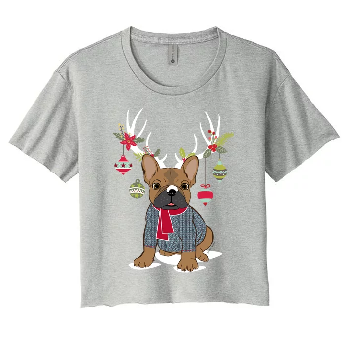 Cute French Bulldog Frenchie Christmas Reindeer Funny Gift Women's Crop Top Tee