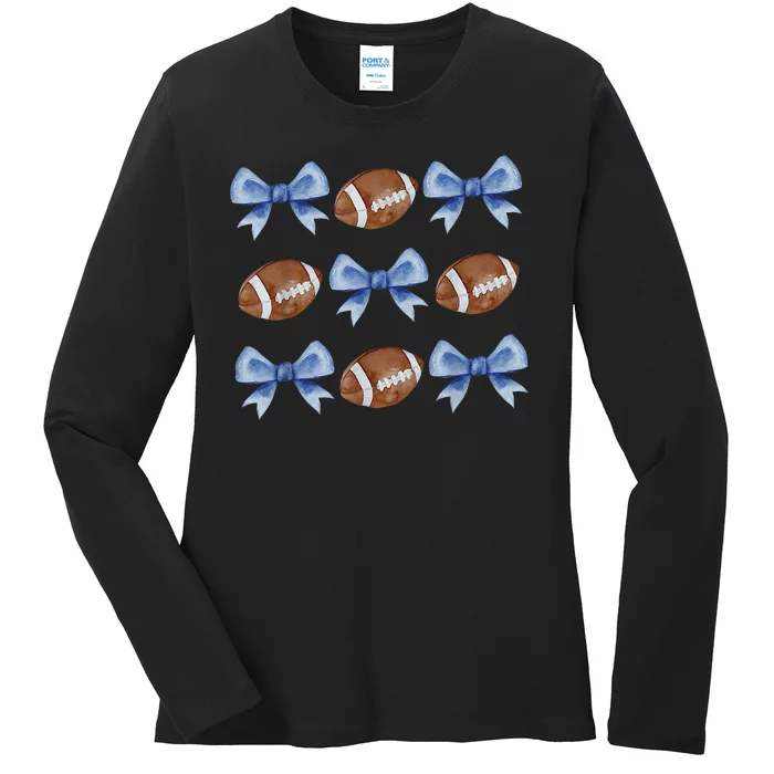 Coquette Football Bow Football Mom Game Day Ladies Long Sleeve Shirt