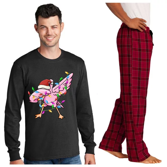 Cute Flamingo Christmas Dabbing Gift Long Sleeve Pajama Set