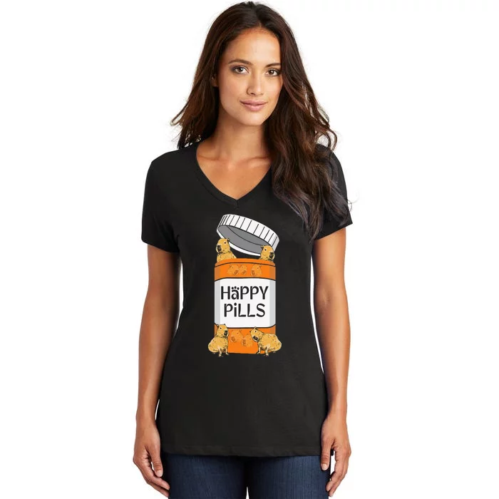 Capybara Funny Capibara Rodent Happy Pills Capybaras Women's V-Neck T-Shirt