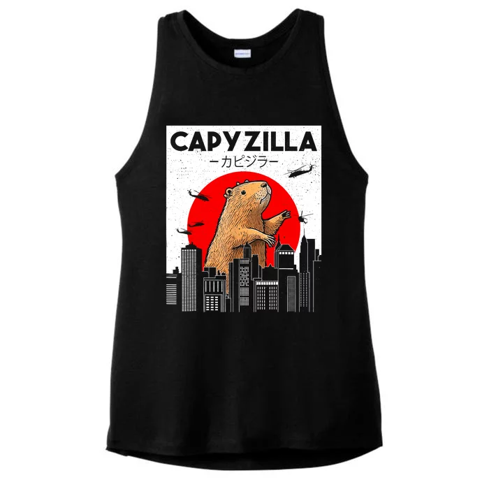 Capyzilla Funny Capybara Japanese Sunset Rodent Animal Lover Ladies Tri-Blend Wicking Tank