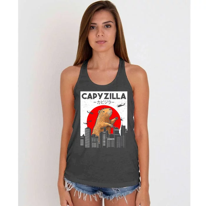 Capyzilla Funny Capybara Japanese Sunset Rodent Animal Lover Women's Knotted Racerback Tank