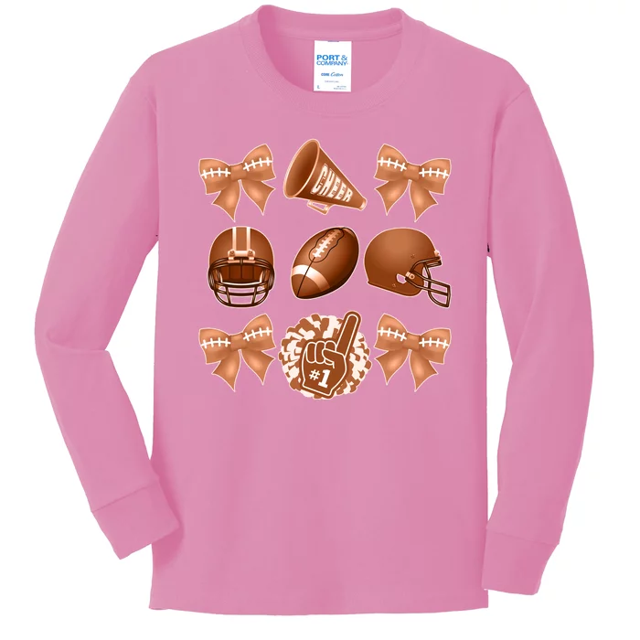 Cute Football Cheer Fan Lover Ribbon Bow Coquette Style Kids Long Sleeve Shirt