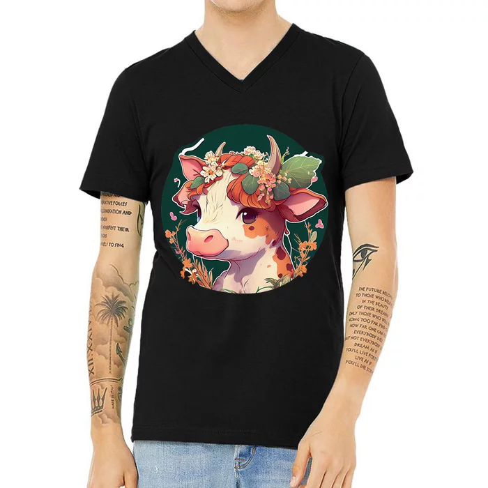 Cottagecore Floral Cute Cow Aesthetic V-Neck T-Shirt