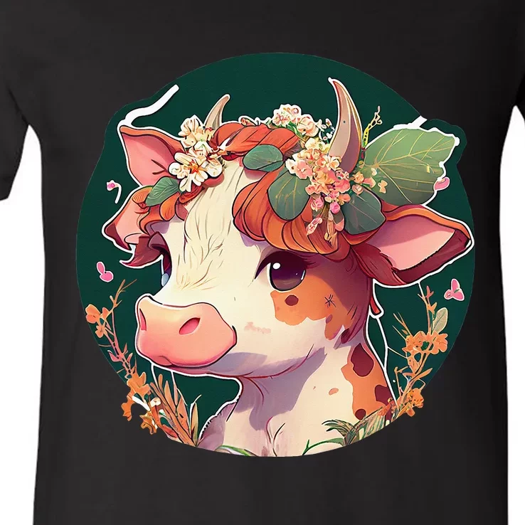 Cottagecore Floral Cute Cow Aesthetic V-Neck T-Shirt