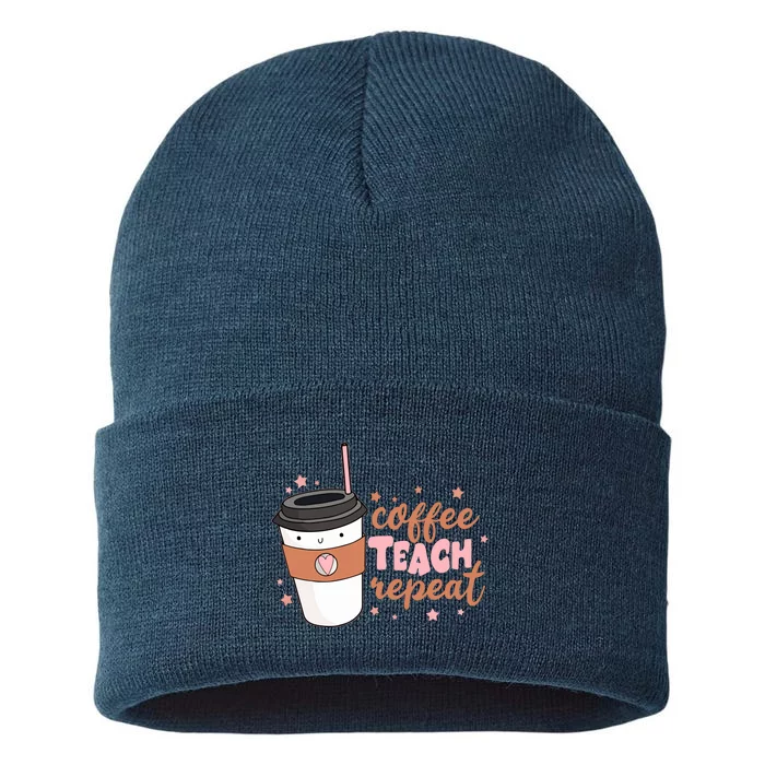 Cute Funny Coffee Teach Repeat Teacher Life Coffee Lover Sustainable Knit Beanie