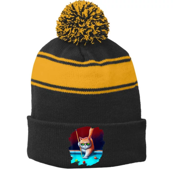 Cool Funny Cat Playing Pool Billiards In Lounge Best Gifts For Player Stripe Pom Pom Beanie