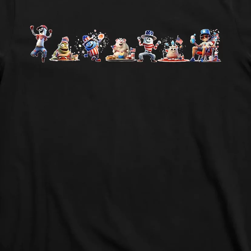 Cartoon Figures Celebrating American Flag At July 4th Party T-Shirt