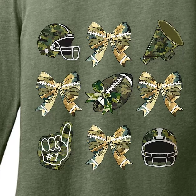 Camo Football Coquette Bow Football Mom Game Day Womens CVC Long Sleeve Shirt