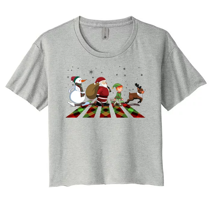 Cute Funny Christmas Road Frosty Santa Elf Reindeer Women's Crop Top Tee