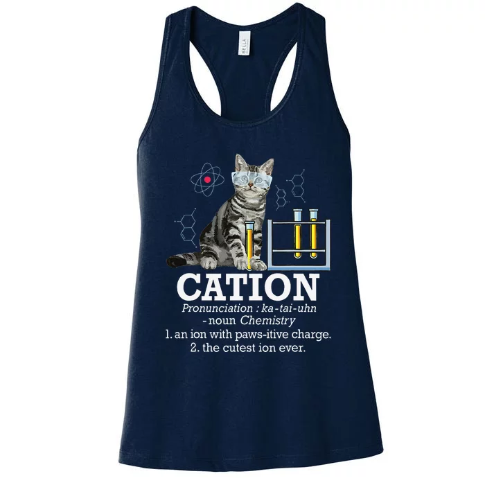 Cation Funny Chemistry Humor Science Teacher Cat Pun Women's Racerback Tank