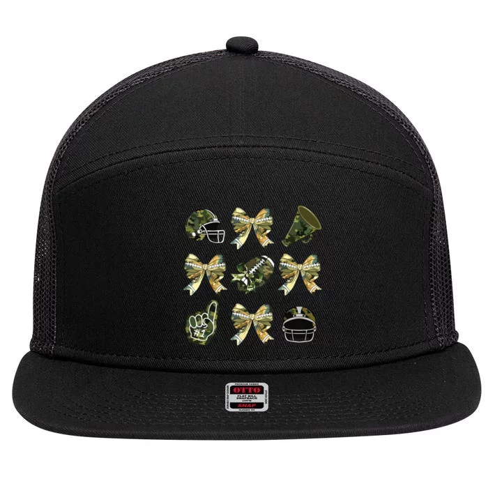 Camo Football Coquette Bow Football Mom Game Day 7 Panel Mesh Trucker Snapback Hat