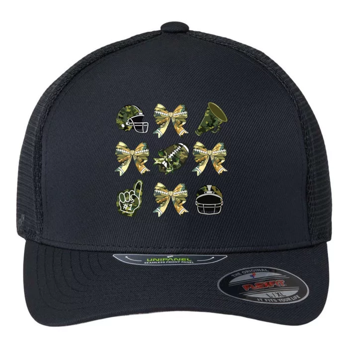 Camo Football Coquette Bow Football Mom Game Day Flexfit Unipanel Trucker Cap