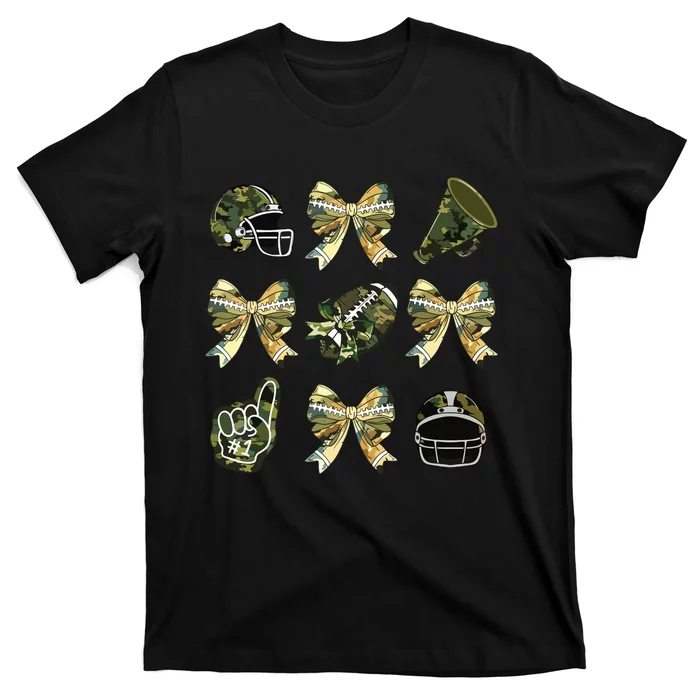 Camo Football Coquette Bow Football Mom Game Day T-Shirt