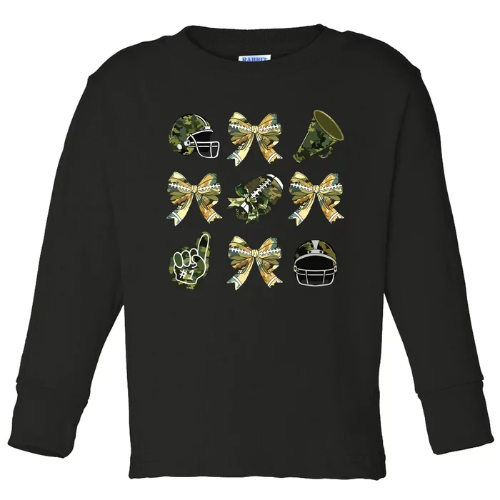 Camo Football Coquette Bow Football Mom Game Day Toddler Long Sleeve Shirt