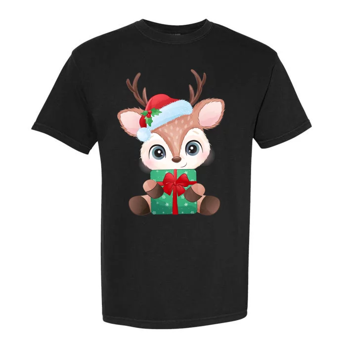 Cute Festive Christmas Reindeer Present Garment-Dyed Heavyweight T-Shirt