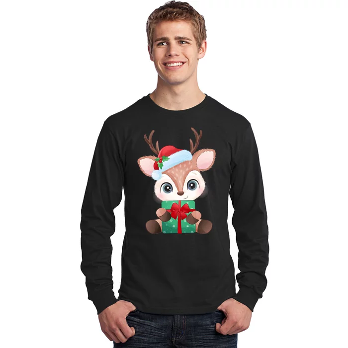 Cute Festive Christmas Reindeer Present Long Sleeve Shirt