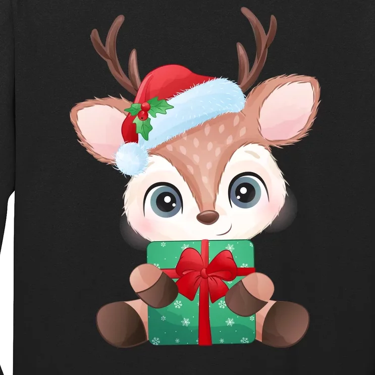 Cute Festive Christmas Reindeer Present Long Sleeve Shirt