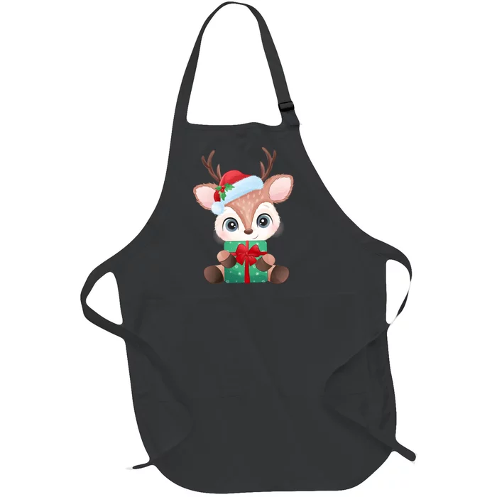 Cute Festive Christmas Reindeer Present Full-Length Apron With Pocket