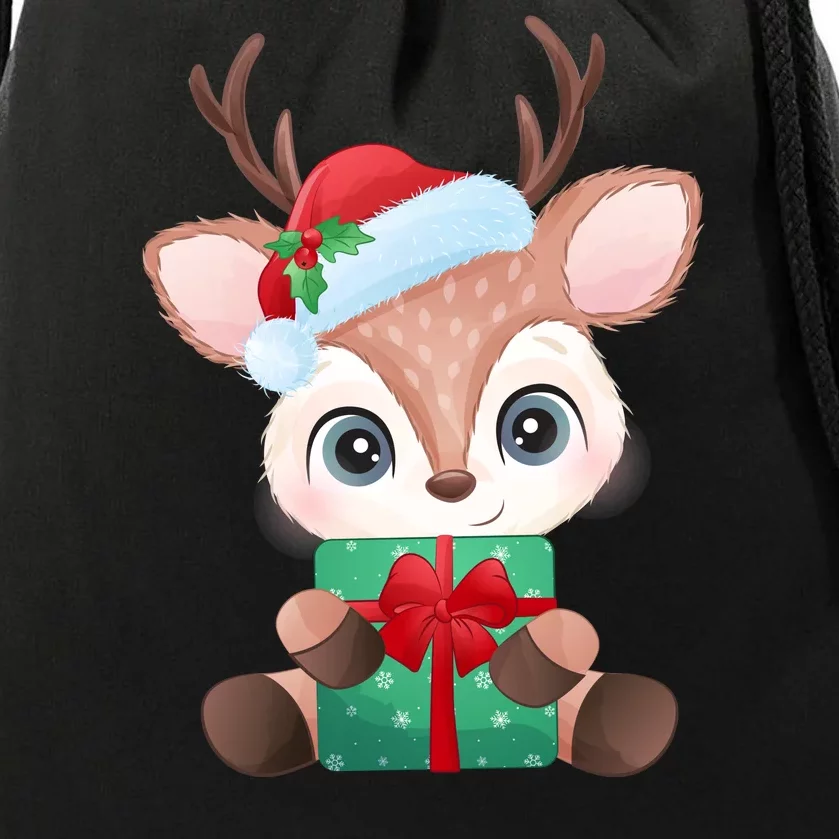 Cute Festive Christmas Reindeer Present Drawstring Bag