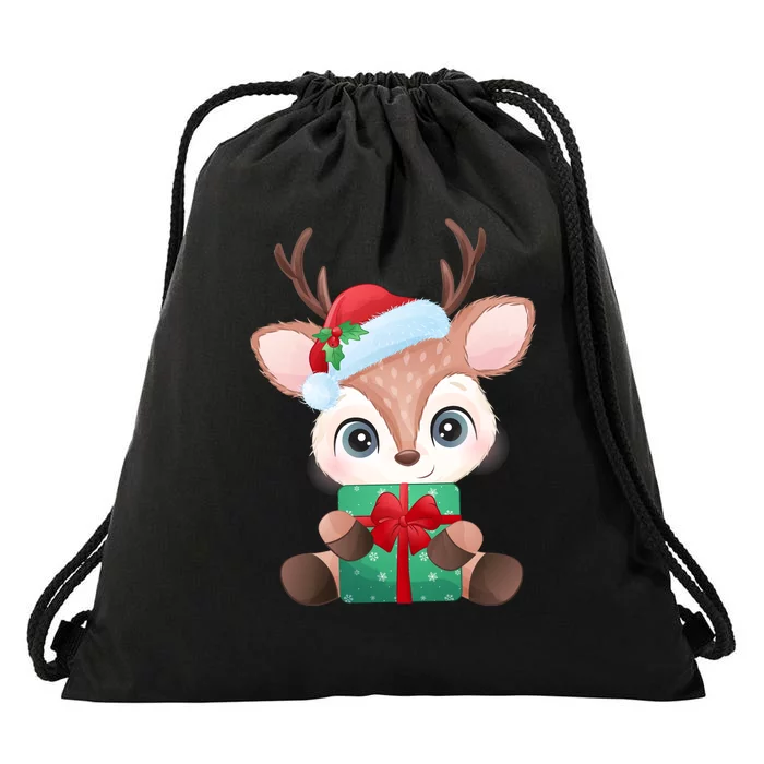 Cute Festive Christmas Reindeer Present Drawstring Bag