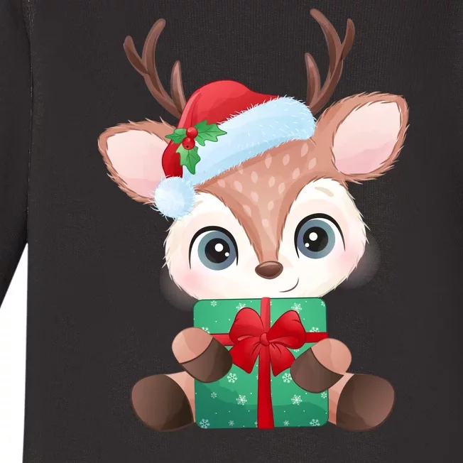 Cute Festive Christmas Reindeer Present Baby Long Sleeve Bodysuit