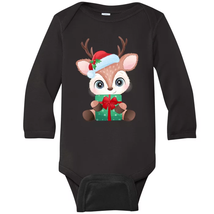 Cute Festive Christmas Reindeer Present Baby Long Sleeve Bodysuit