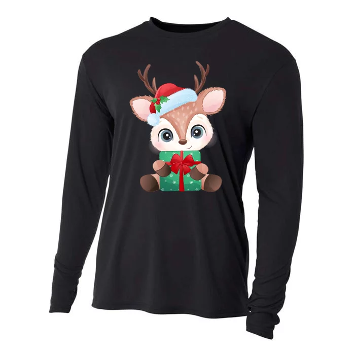 Cute Festive Christmas Reindeer Present Cooling Performance Long Sleeve Crew