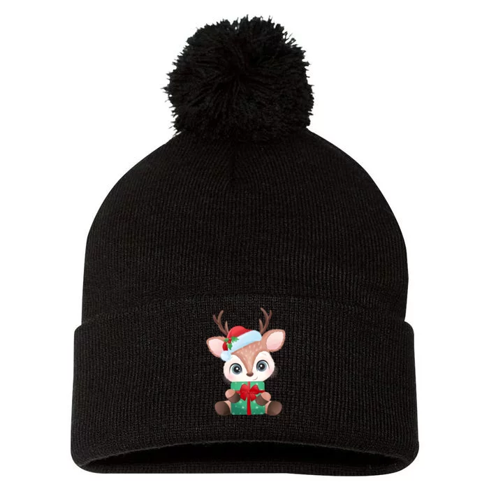 Cute Festive Christmas Reindeer Present Pom Pom 12in Knit Beanie